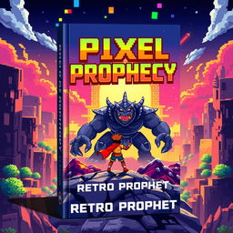 A dynamic book cover design for 'The Pixel Prophecy' by Retro Prophet