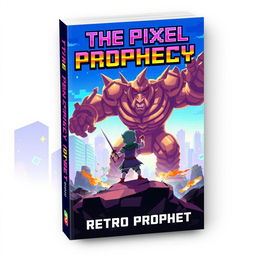 A dynamic book cover design for 'The Pixel Prophecy' by Retro Prophet