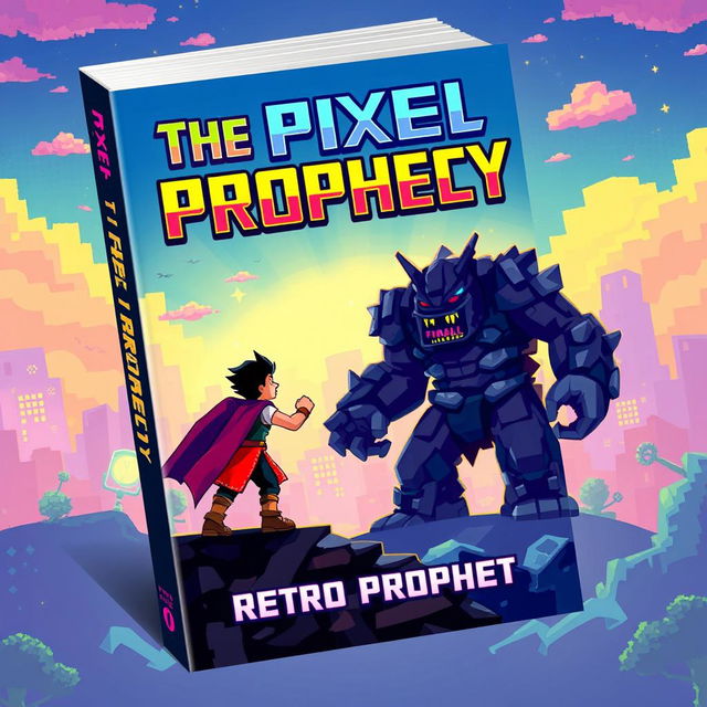 A dynamic book cover design for 'The Pixel Prophecy' by Retro Prophet