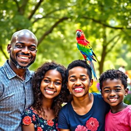 A joyful family portrait featuring a black bald dad, a beautiful black mom, their black teen daughter, and their black preteen son