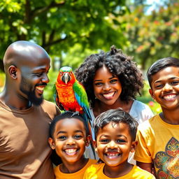 A joyful family portrait featuring a black bald dad, a beautiful black mom, their black teen daughter, and their black preteen son
