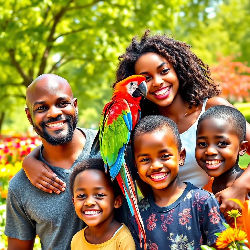 A joyful family portrait featuring a black bald dad, a beautiful black mom, their black teen daughter, and their black preteen son