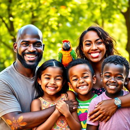 A joyful family portrait featuring a black bald dad, a beautiful black mom, their black teen daughter, and their black preteen son