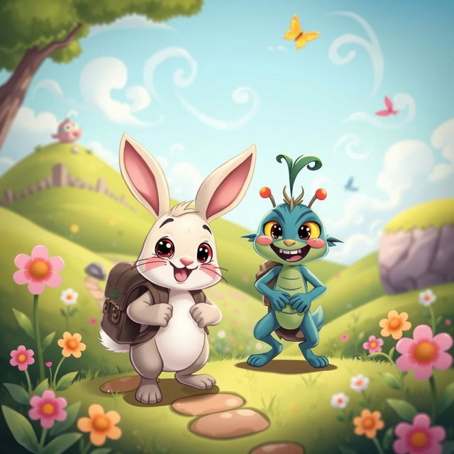 A whimsical cartoon scene featuring a rabbit and a creature named Tartle on an adventurous journey