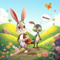 A whimsical cartoon scene featuring a rabbit and a creature named Tartle on an adventurous journey
