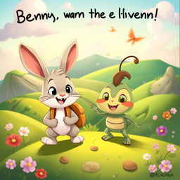 A whimsical cartoon scene featuring a rabbit and a creature named Tartle on an adventurous journey