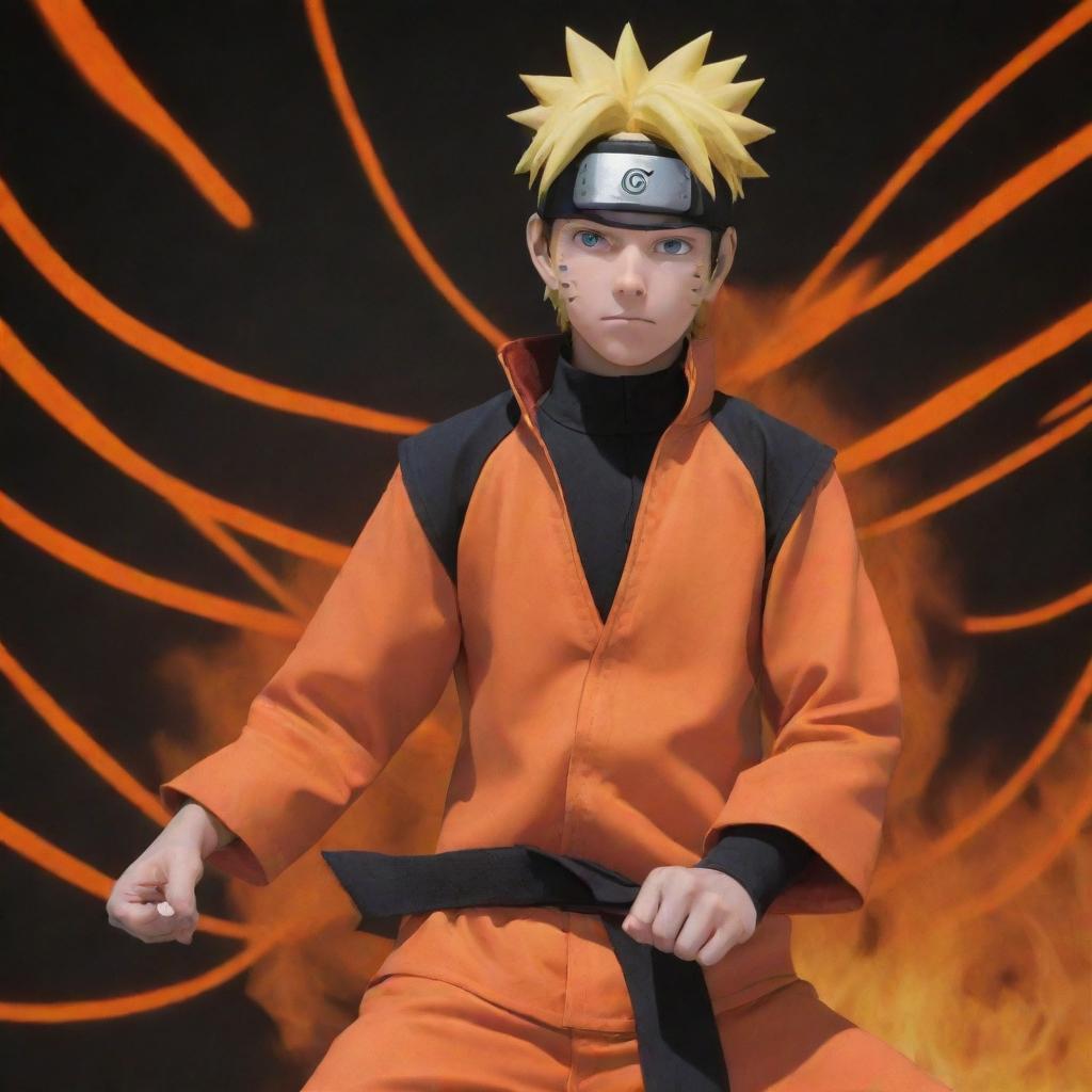 Create a highly-detailed, vivid portrayal of Naruto Shippuden, a main character from the anime series 'Naruto'. He should be in his standard orange and black outfit, energetic and optimistic as always.