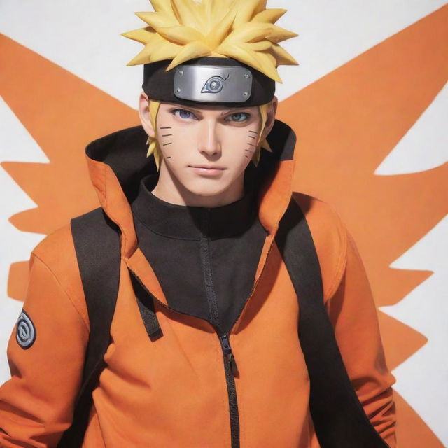 Create a highly-detailed, vivid portrayal of Naruto Shippuden, a main character from the anime series 'Naruto'. He should be in his standard orange and black outfit, energetic and optimistic as always.