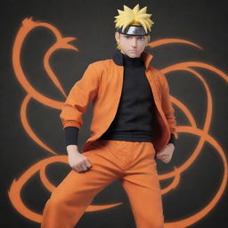 Create a highly-detailed, vivid portrayal of Naruto Shippuden, a main character from the anime series 'Naruto'. He should be in his standard orange and black outfit, energetic and optimistic as always.