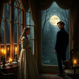 A romantic scene depicting a governess falling for the lord's son within a mansion adjacent to dark, mysterious woods, inspired by Anne Bronte's 'Whispers of Wildfell Wood'