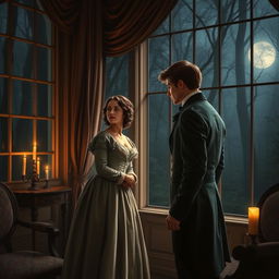 A romantic scene depicting a governess falling for the lord's son within a mansion adjacent to dark, mysterious woods, inspired by Anne Bronte's 'Whispers of Wildfell Wood'