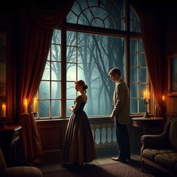 A romantic scene depicting a governess falling for the lord's son within a mansion adjacent to dark, mysterious woods, inspired by Anne Bronte's 'Whispers of Wildfell Wood'