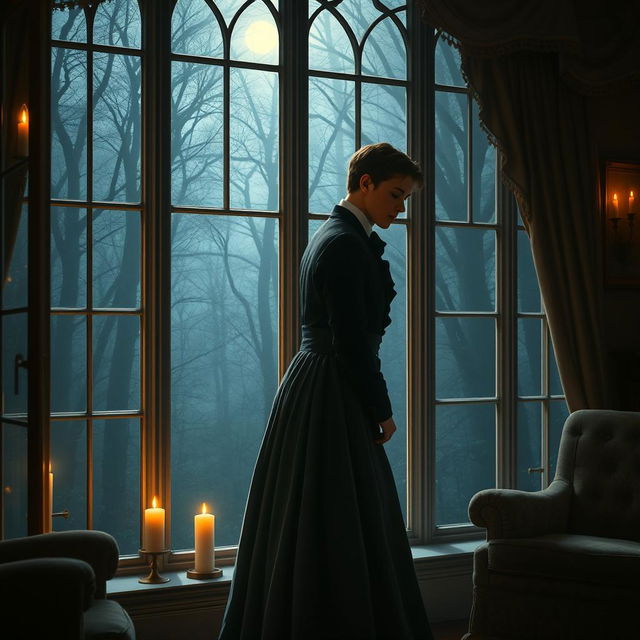 A romantic scene depicting a governess falling for the lord's son within a mansion adjacent to dark, mysterious woods, inspired by Anne Bronte's 'Whispers of Wildfell Wood'