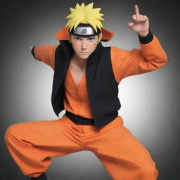 Create a highly-detailed, vivid portrayal of Naruto Shippuden, a main character from the anime series 'Naruto'. He should be in his standard orange and black outfit, energetic and optimistic as always.