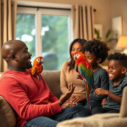 An intimate family scene set inside a cozy home featuring a black bald dad, a beautiful black mom, their black teen daughter, and their black preteen son