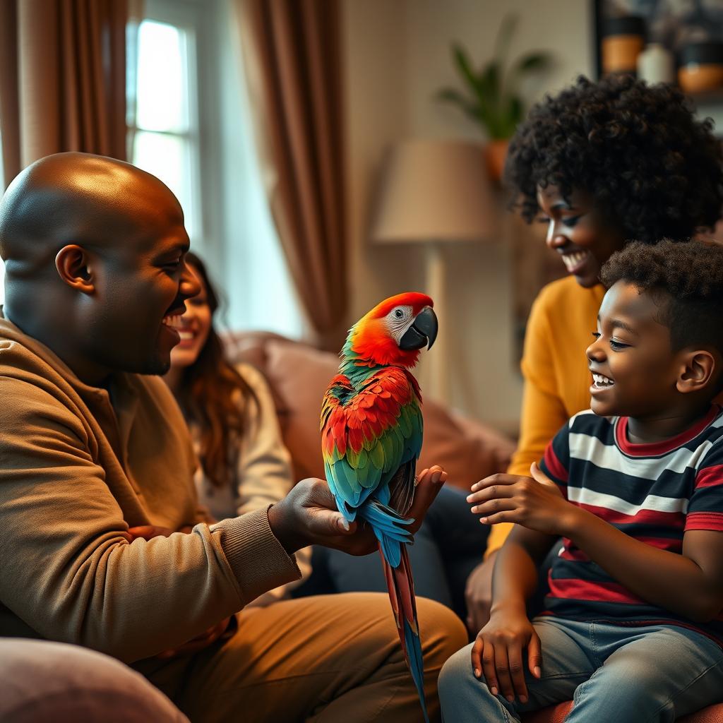 An intimate family scene set inside a cozy home featuring a black bald dad, a beautiful black mom, their black teen daughter, and their black preteen son