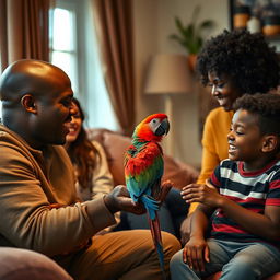 An intimate family scene set inside a cozy home featuring a black bald dad, a beautiful black mom, their black teen daughter, and their black preteen son