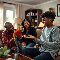 An intimate family scene set inside a cozy home featuring a black bald dad, a beautiful black mom, their black teen daughter, and their black preteen son
