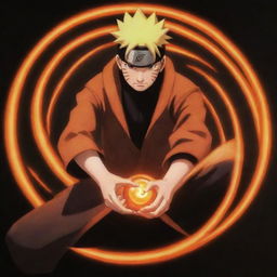 Depict Naruto from 'Naruto Shippuden' using his Kyubi chakra. He should appear powerful and glowing with an aura of orange energy, with the shadow of the nine-tailed fox skillfully woven into the background.