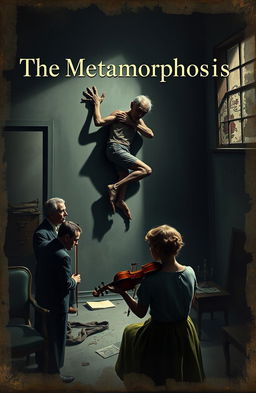 A surreal book cover for 'The Metamorphosis' depicting Gregor Samsa, transformed into a creature, clinging to a wall in a dimly lit room