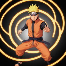 Depict Naruto from 'Naruto Shippuden' using his Kyubi chakra. He should appear powerful and glowing with an aura of orange energy, with the shadow of the nine-tailed fox skillfully woven into the background.