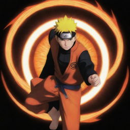 Depict Naruto from 'Naruto Shippuden' using his Kyubi chakra. He should appear powerful and glowing with an aura of orange energy, with the shadow of the nine-tailed fox skillfully woven into the background.