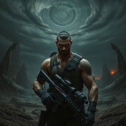 A dark, sci-fi landscape featuring a rugged, muscular man similar to Riddick, with intense, glowing eyes, dressed in tactical attire and holding a futuristic weapon