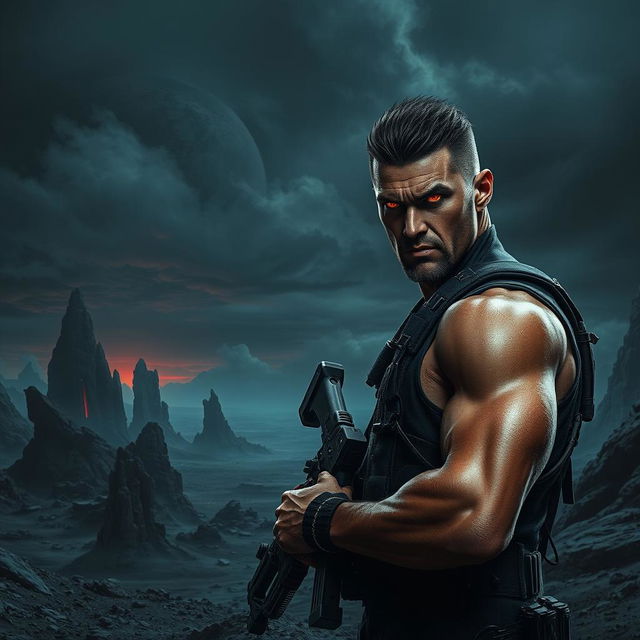 A dark, sci-fi landscape featuring a rugged, muscular man similar to Riddick, with intense, glowing eyes, dressed in tactical attire and holding a futuristic weapon