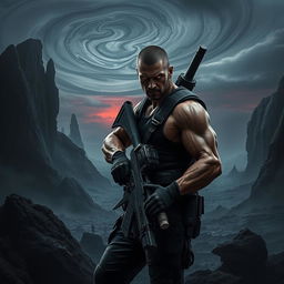 A dark, sci-fi landscape featuring a rugged, muscular man similar to Riddick, with intense, glowing eyes, dressed in tactical attire and holding a futuristic weapon