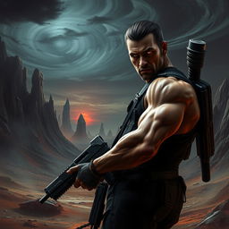 A dark, sci-fi landscape featuring a rugged, muscular man similar to Riddick, with intense, glowing eyes, dressed in tactical attire and holding a futuristic weapon