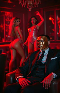 A sultry scene in a dimly lit club, featuring a confident stripper performing under vibrant red lighting