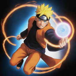 Illustrate Naruto from 'Naruto Shippuden' attacking an enemy with his signature Rasengan attack. Naruto should be mid-action, with the spiralling ball of chakra glowing brightly in his hand, his face determined.