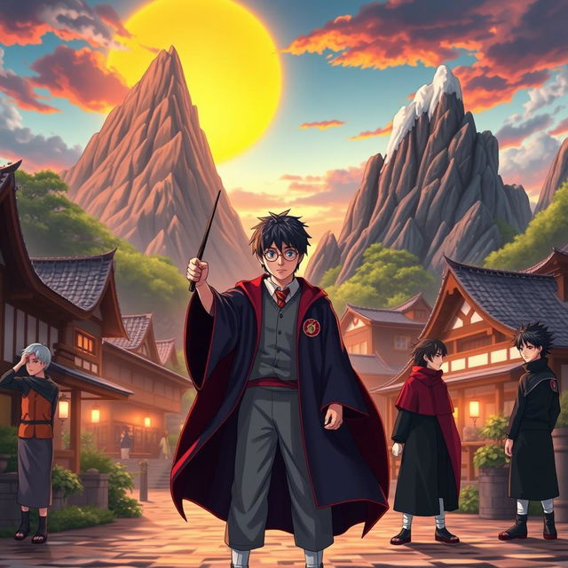 Harry Potter, dressed in his Hogwarts robes, standing in the Hidden Leaf Village from Naruto, surrounded by iconic features such as the Hokage Mountain and traditional Japanese buildings