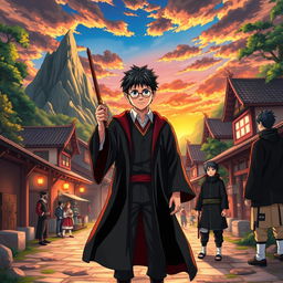 Harry Potter, dressed in his Hogwarts robes, standing in the Hidden Leaf Village from Naruto, surrounded by iconic features such as the Hokage Mountain and traditional Japanese buildings