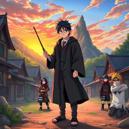 Harry Potter, dressed in his Hogwarts robes, standing in the Hidden Leaf Village from Naruto, surrounded by iconic features such as the Hokage Mountain and traditional Japanese buildings