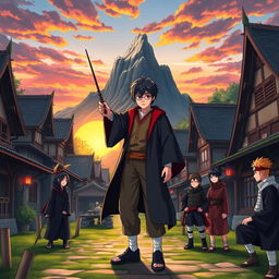 Harry Potter, dressed in his Hogwarts robes, standing in the Hidden Leaf Village from Naruto, surrounded by iconic features such as the Hokage Mountain and traditional Japanese buildings