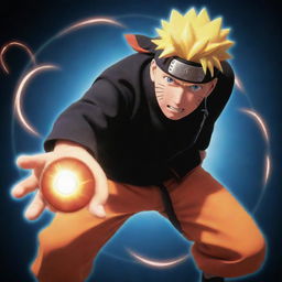 Illustrate Naruto from 'Naruto Shippuden' attacking an enemy with his signature Rasengan attack. Naruto should be mid-action, with the spiralling ball of chakra glowing brightly in his hand, his face determined.