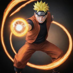 Illustrate Naruto from 'Naruto Shippuden' attacking an enemy with his signature Rasengan attack. Naruto should be mid-action, with the spiralling ball of chakra glowing brightly in his hand, his face determined.