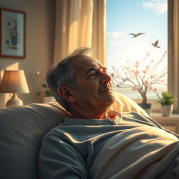 A terminally ill man in a serene, peaceful setting, deep in thought as he dreams of euthanasia