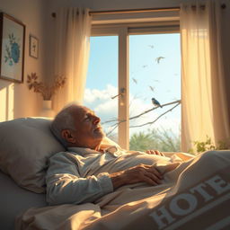 A terminally ill man in a serene, peaceful setting, deep in thought as he dreams of euthanasia