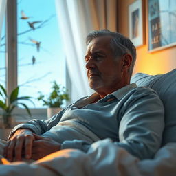 A terminally ill man in a serene, peaceful setting, deep in thought as he dreams of euthanasia