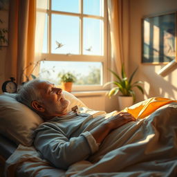 A terminally ill man in a serene, peaceful setting, deep in thought as he dreams of euthanasia