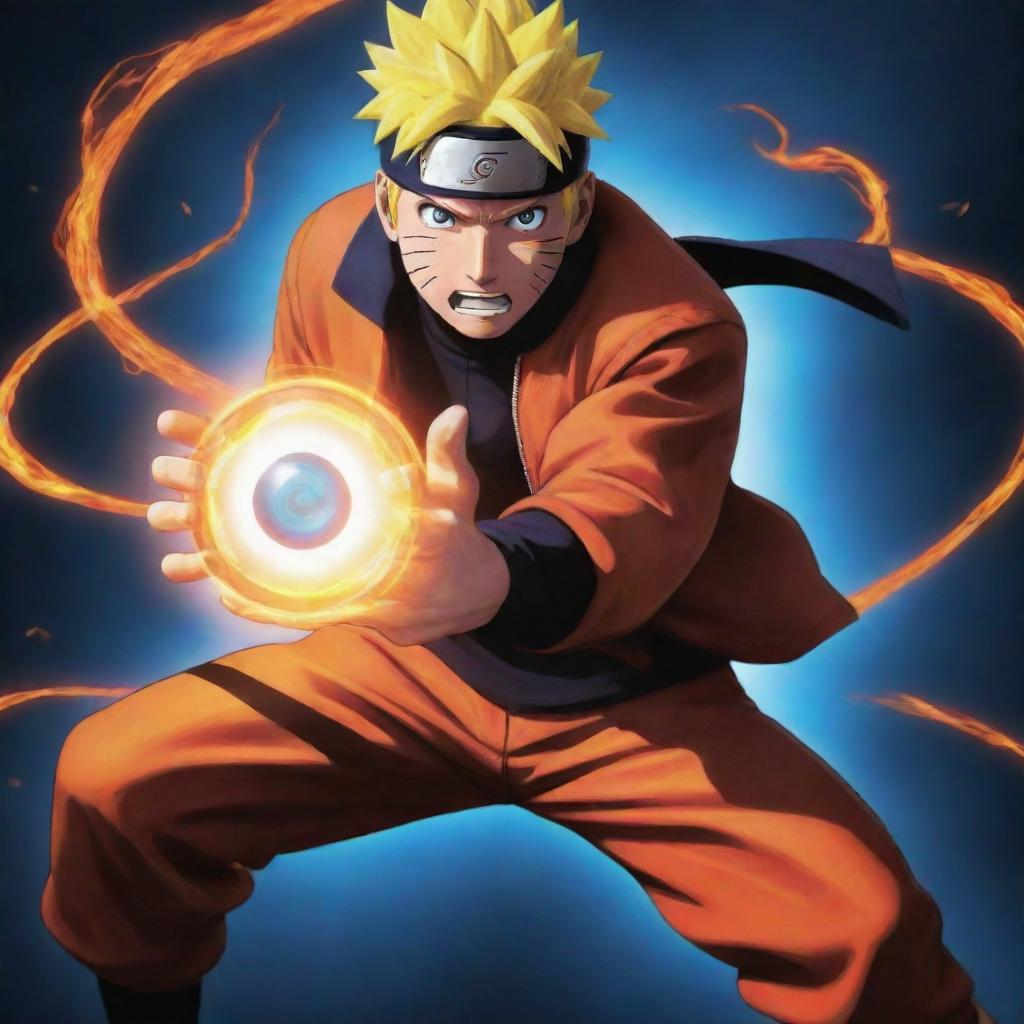 Illustrate Naruto from 'Naruto Shippuden' attacking an enemy with his signature Rasengan attack. Naruto should be mid-action, with the spiralling ball of chakra glowing brightly in his hand, his face determined.