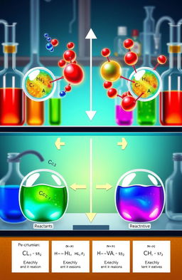 A detailed illustration of chemical equilibrium, showcasing a dynamic reaction between reactants and products in a balanced equation