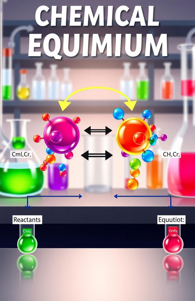 A detailed illustration of chemical equilibrium, showcasing a dynamic reaction between reactants and products in a balanced equation