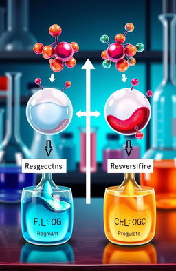 A detailed illustration of chemical equilibrium, showcasing a dynamic reaction between reactants and products in a balanced equation