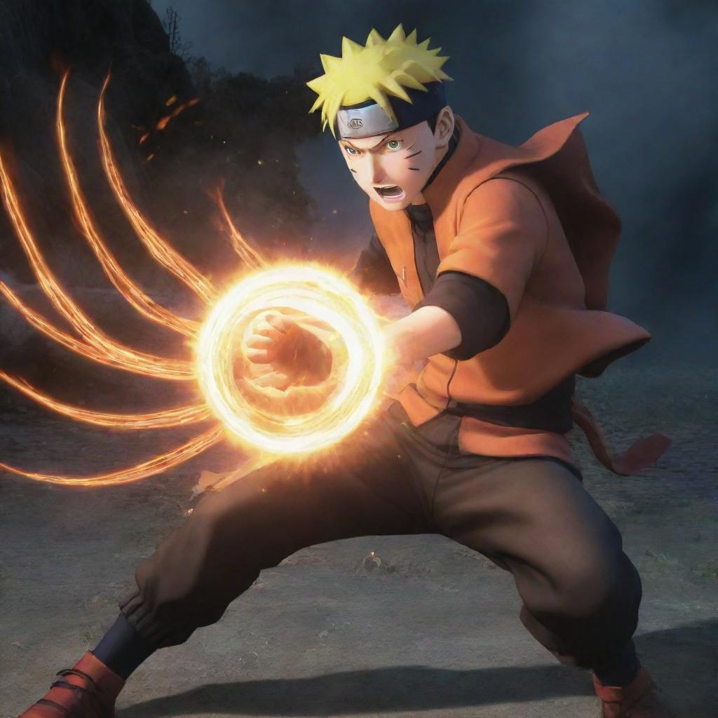 Depict an image where Naruto's enemy is being thrown back by the impact of the Rasengan. The image should focus on the enemy's reaction mid-flight, with debris and sparks flying around from the power of Naruto's attack.