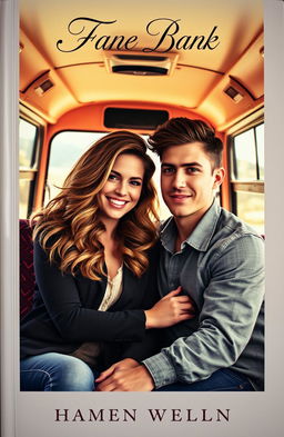 A captivating book cover featuring a beautiful woman and a handsome man sitting closely together inside a vintage bus