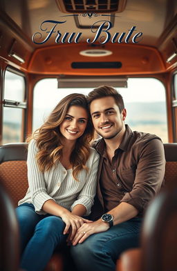 A captivating book cover featuring a beautiful woman and a handsome man sitting closely together inside a vintage bus