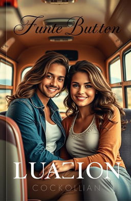 A captivating book cover featuring a beautiful woman and a handsome man sitting closely together inside a vintage bus